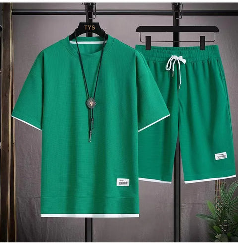 Breathable Comfortable Men's Training Clothes in Summer Two-piece Set with Printed Short-sleeved Top and Shorts Casual Waffle Design for M-3XL