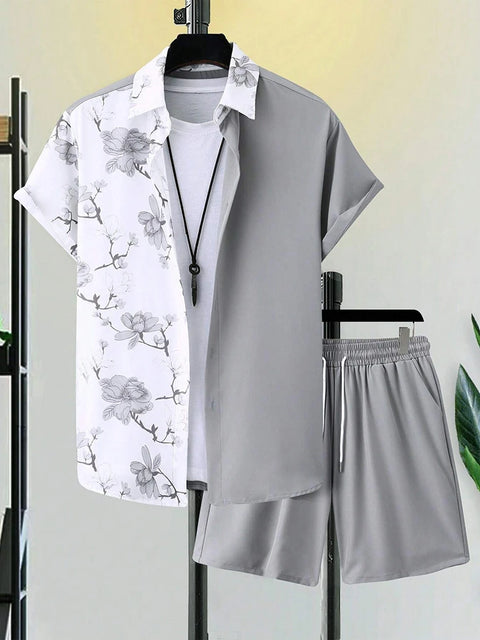 Men's Short-sleeved Shirt And Beach Shorts Set Flamingo Print Stylish Men's Casual Shirt Summer Vacation Party Men's Shorts