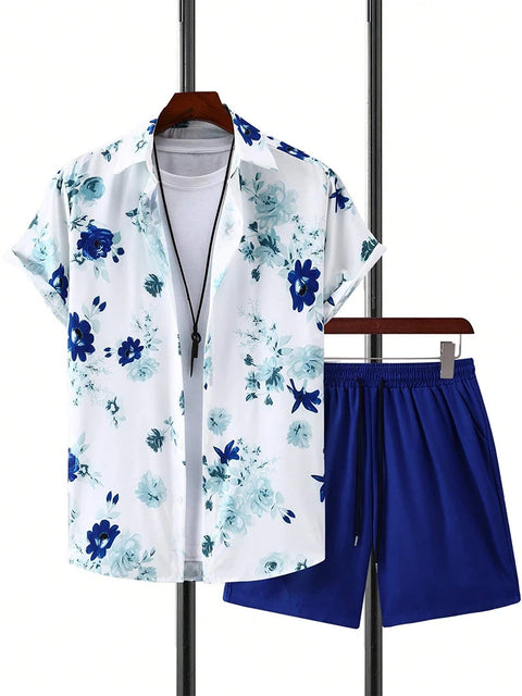 Men's Short-sleeved Shirt And Beach Shorts Set Flamingo Print Stylish Men's Casual Shirt Summer Vacation Party Men's Shorts