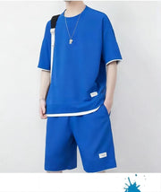 Breathable Comfortable Men's Training Clothes in Summer Two-piece Set with Printed Short-sleeved Top and Shorts Casual Waffle Design for M-3XL