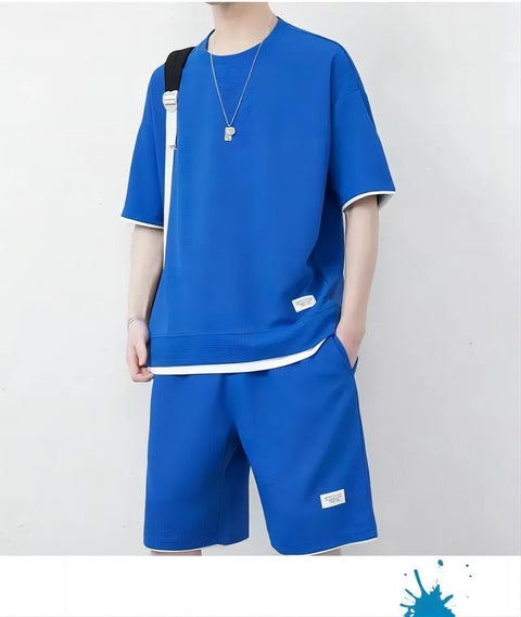 Breathable Comfortable Men's Training Clothes in Summer Two-piece Set with Printed Short-sleeved Top and Shorts Casual Waffle Design for M-3XL