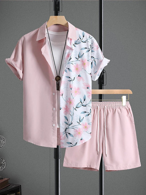 Men's Short-sleeved Shirt And Beach Shorts Set Flamingo Print Stylish Men's Casual Shirt Summer Vacation Party Men's Shorts