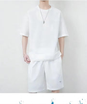Breathable Comfortable Men's Training Clothes in Summer Two-piece Set with Printed Short-sleeved Top and Shorts Casual Waffle Design for M-3XL