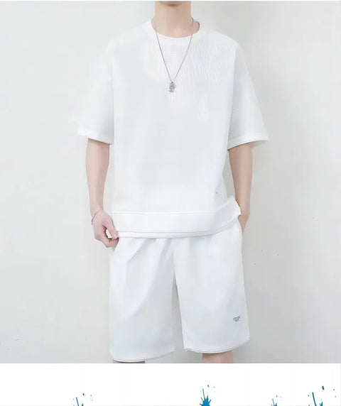 Breathable Comfortable Men's Training Clothes in Summer Two-piece Set with Printed Short-sleeved Top and Shorts Casual Waffle Design for M-3XL