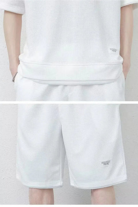 Breathable Comfortable Men's Training Clothes in Summer Two-piece Set with Printed Short-sleeved Top and Shorts Casual Waffle Design for M-3XL