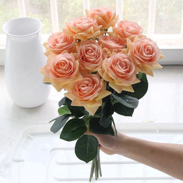 15pc Real Touch Rose Branch Latex Artificial Rose Bouquet Decor Home Wedding Party Valentine's Day Birthday Gift Fake Flowers
