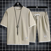 Breathable Comfortable Men's Training Clothes in Summer Two-piece Set with Printed Short-sleeved Top and Shorts Casual Waffle Design for M-3XL