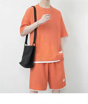 Breathable Comfortable Men's Training Clothes in Summer Two-piece Set with Printed Short-sleeved Top and Shorts Casual Waffle Design for M-3XL