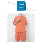 Breathable Comfortable Men's Training Clothes in Summer Two-piece Set with Printed Short-sleeved Top and Shorts Casual Waffle Design for M-3XL