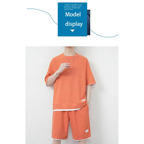Breathable Comfortable Men's Training Clothes in Summer Two-piece Set with Printed Short-sleeved Top and Shorts Casual Waffle Design for M-3XL