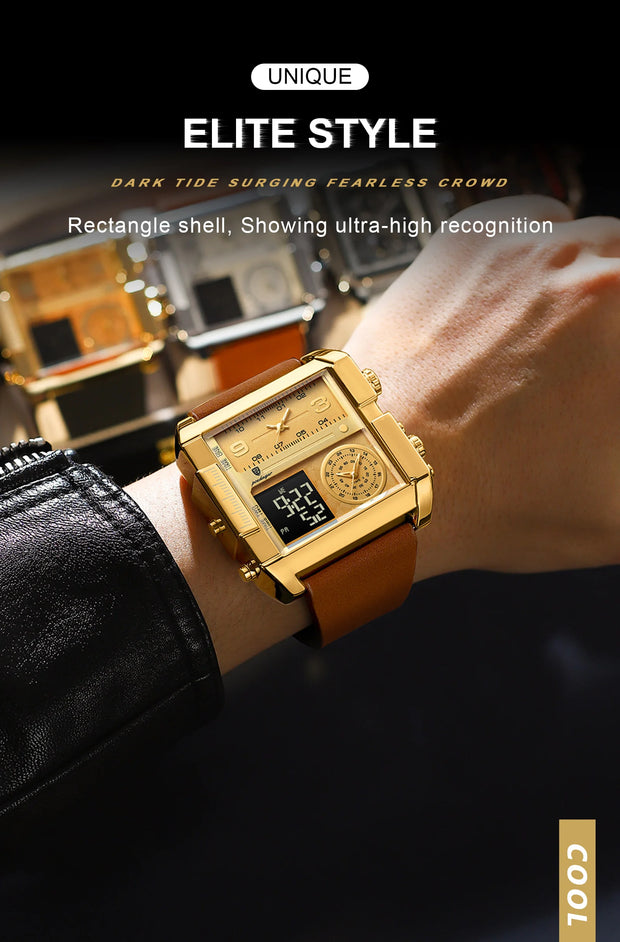 Luxury Men's Quartz Wristwatch Multifunctional Digital Watch with Rectangle Waterproof Luminous Hour and Day Week Display