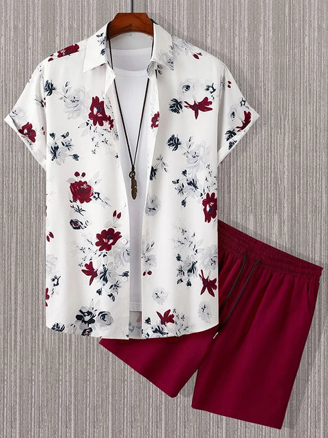 Men's Short-sleeved Shirt And Beach Shorts Set Flamingo Print Stylish Men's Casual Shirt Summer Vacation Party Men's Shorts