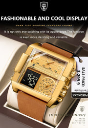 Luxury Men's Quartz Wristwatch Multifunctional Digital Watch with Rectangle Waterproof Luminous Hour and Day Week Display