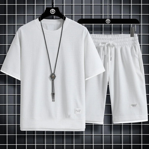 Breathable Comfortable Men's Training Clothes in Summer Two-piece Set with Printed Short-sleeved Top and Shorts Casual Waffle Design for M-3XL