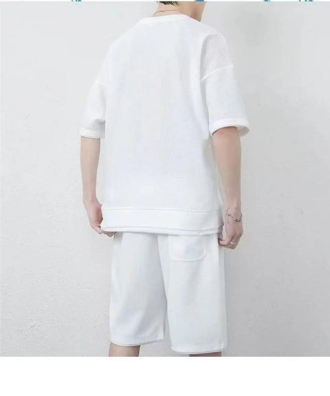 Breathable Comfortable Men's Training Clothes in Summer Two-piece Set with Printed Short-sleeved Top and Shorts Casual Waffle Design for M-3XL