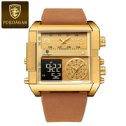 Luxury Men's Quartz Wristwatch Multifunctional Digital Watch with Rectangle Waterproof Luminous Hour and Day Week Display