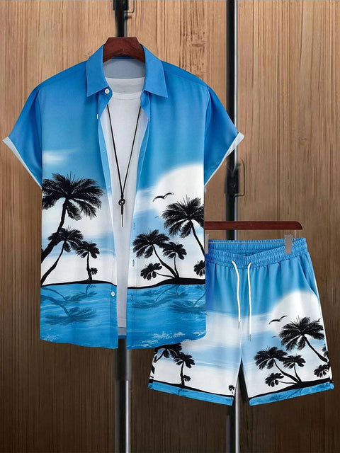 Men's Short-sleeved Shirt And Beach Shorts Set Flamingo Print Stylish Men's Casual Shirt Summer Vacation Party Men's Shorts