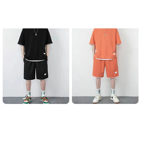 Breathable Comfortable Men's Training Clothes in Summer Two-piece Set with Printed Short-sleeved Top and Shorts Casual Waffle Design for M-3XL