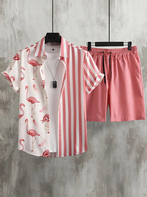 Men's Short-sleeved Shirt And Beach Shorts Set Flamingo Print Stylish Men's Casual Shirt Summer Vacation Party Men's Shorts