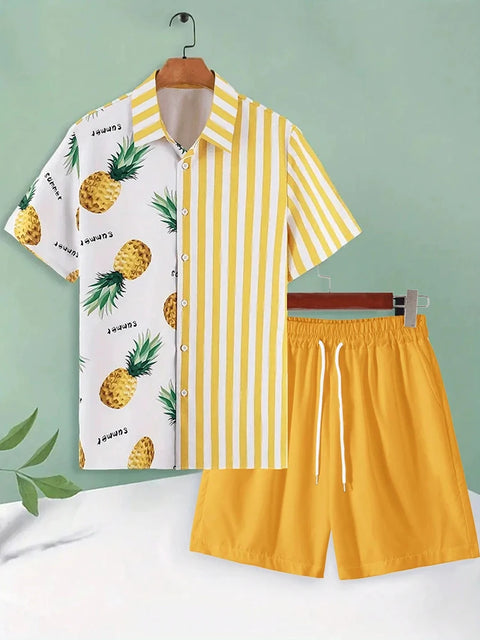 Men's Short-sleeved Shirt And Beach Shorts Set Flamingo Print Stylish Men's Casual Shirt Summer Vacation Party Men's Shorts