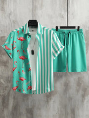 Men's Short-sleeved Shirt And Beach Shorts Set Flamingo Print Stylish Men's Casual Shirt Summer Vacation Party Men's Shorts
