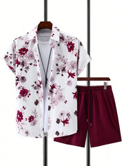 Men's Short-sleeved Shirt And Beach Shorts Set Flamingo Print Stylish Men's Casual Shirt Summer Vacation Party Men's Shorts