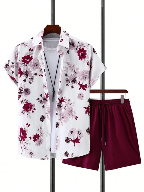 Men's Short-sleeved Shirt And Beach Shorts Set Flamingo Print Stylish Men's Casual Shirt Summer Vacation Party Men's Shorts