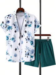 Men's Short-sleeved Shirt And Beach Shorts Set Flamingo Print Stylish Men's Casual Shirt Summer Vacation Party Men's Shorts