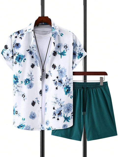 Men's Short-sleeved Shirt And Beach Shorts Set Flamingo Print Stylish Men's Casual Shirt Summer Vacation Party Men's Shorts