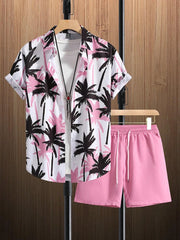 Men's Short-sleeved Shirt And Beach Shorts Set Flamingo Print Stylish Men's Casual Shirt Summer Vacation Party Men's Shorts