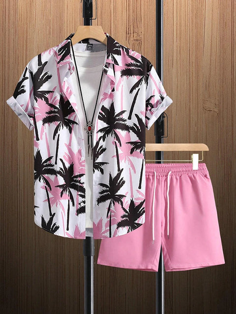 Men's Short-sleeved Shirt And Beach Shorts Set Flamingo Print Stylish Men's Casual Shirt Summer Vacation Party Men's Shorts