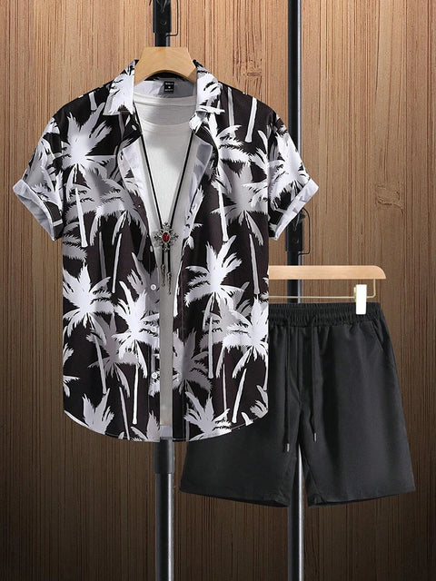 Men's Short-sleeved Shirt And Beach Shorts Set Flamingo Print Stylish Men's Casual Shirt Summer Vacation Party Men's Shorts