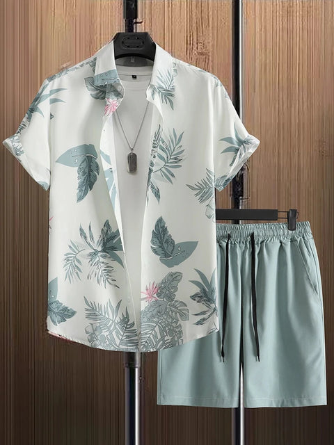 Men's Short-sleeved Shirt And Beach Shorts Set Flamingo Print Stylish Men's Casual Shirt Summer Vacation Party Men's Shorts