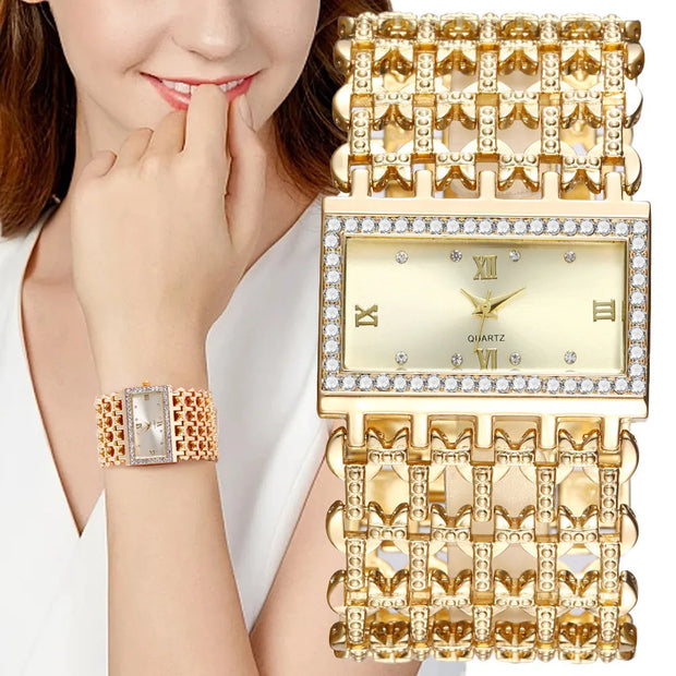 UTHAI W29 Women's Fashion Watch Luxury Light Square Diamond Quartz Ladies Gold Stainless Steel Bracelet