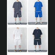 Breathable Comfortable Men's Training Clothes in Summer Two-piece Set with Printed Short-sleeved Top and Shorts Casual Waffle Design for M-3XL