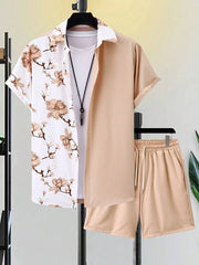 Men's Short-sleeved Shirt And Beach Shorts Set Flamingo Print Stylish Men's Casual Shirt Summer Vacation Party Men's Shorts